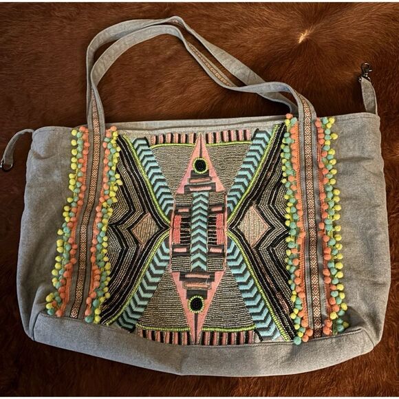 America & Beyond GARGOYLE EMBELLISHED GRAY HAND BEADED TOTE - Picture 6 of 9